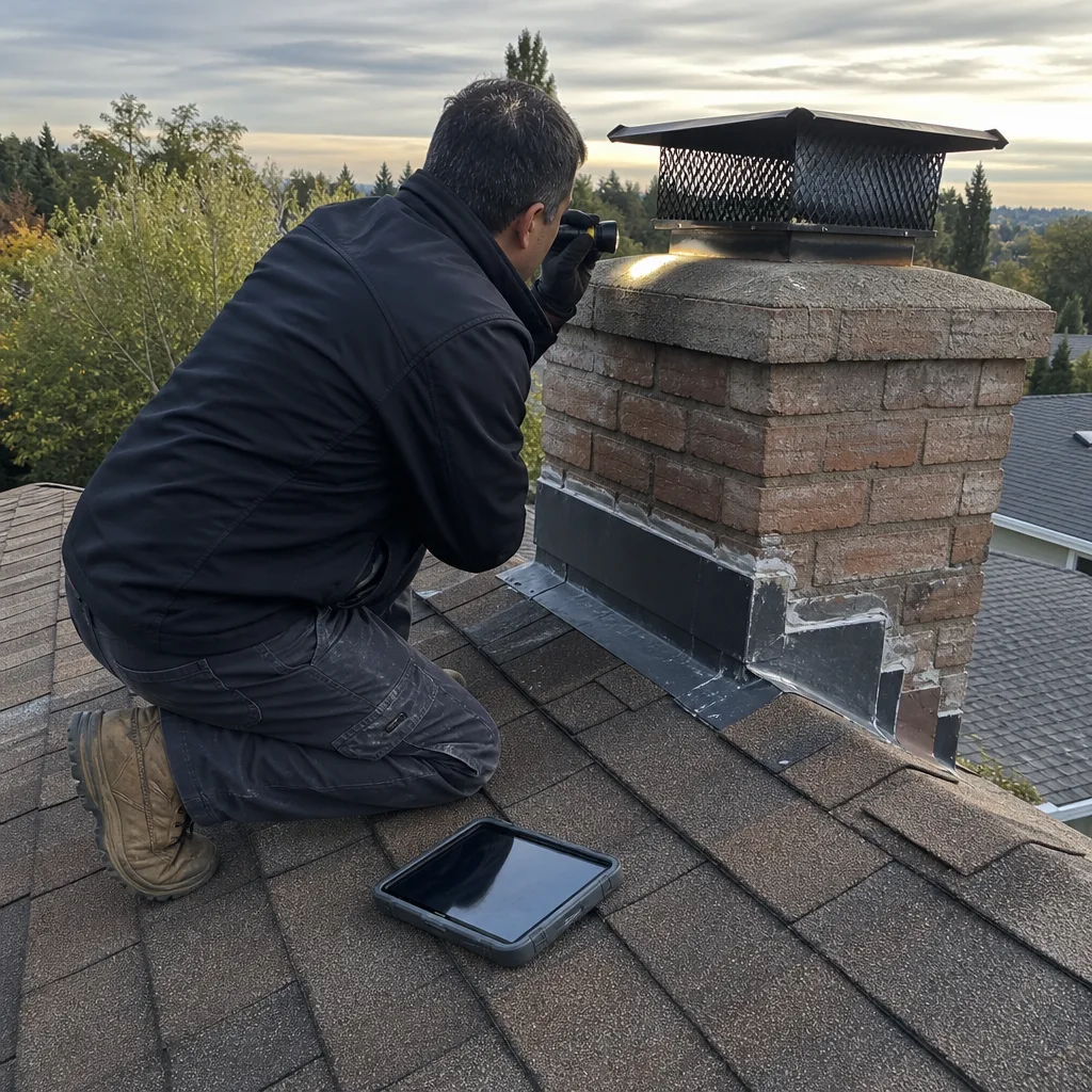 Professional inspector performing a residential chimney safety and integrity inspection