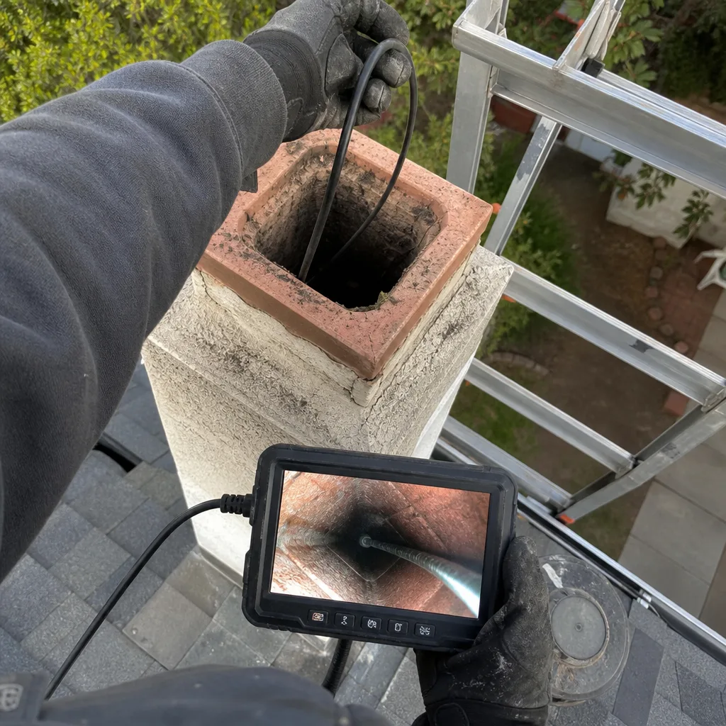 Professional chimney technician performing a video inspection on a residential roof