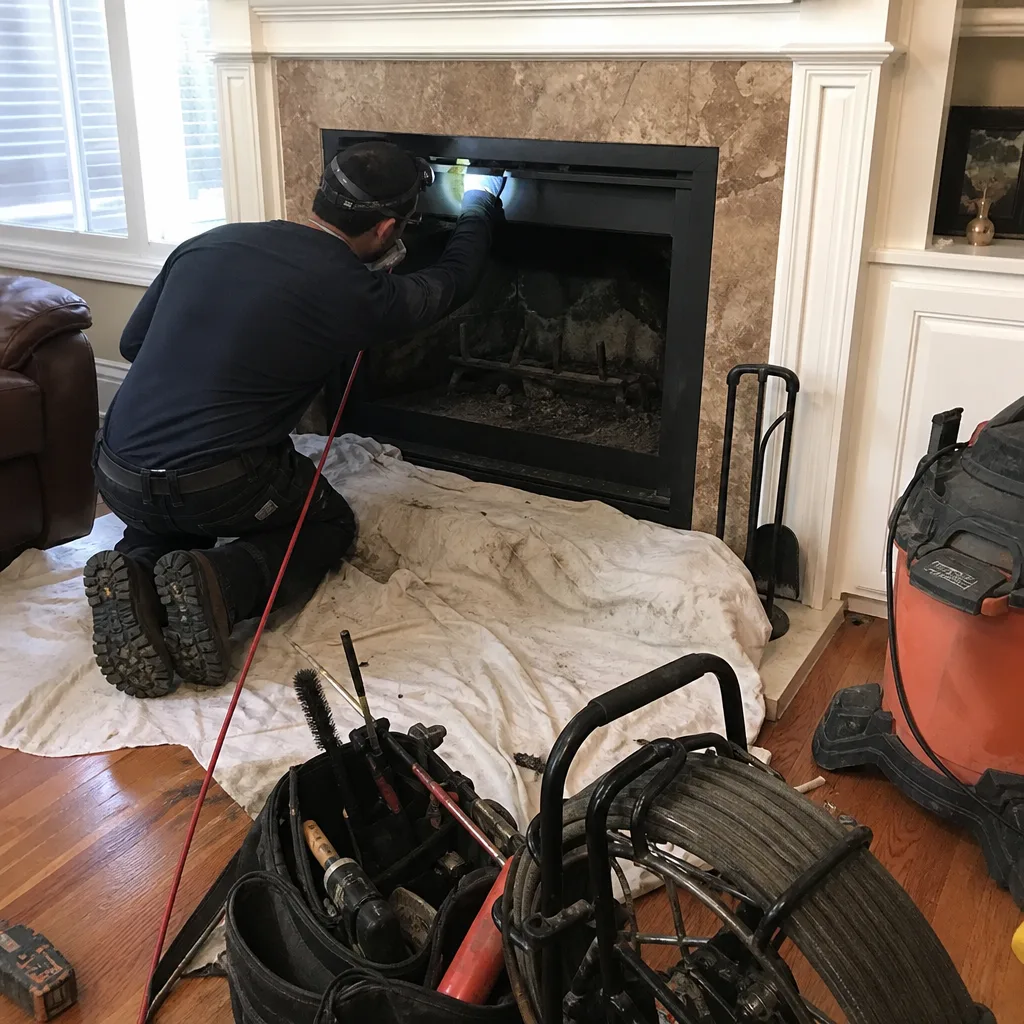 Professional chimney sweep performing a thorough fireplace and chimney inspection.