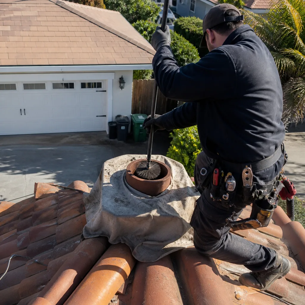 Professional chimney sweep cleaning a chimney flue on a tile roof
