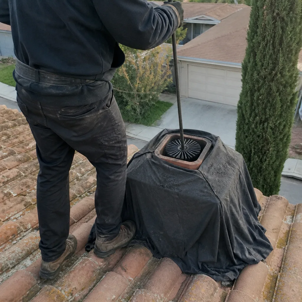 Professional chimney sweep cleaning a residential brick chimney with a wire brush